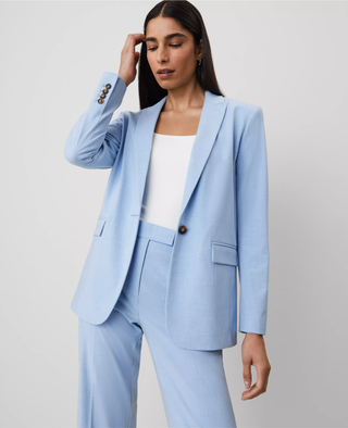 NWT Ann Taylor Long Sleeve Single Breasted Longline Blazer Blue Women Petite 12P
