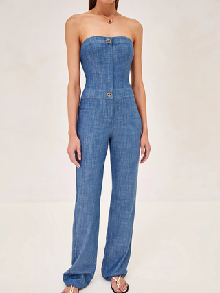 NWT Alexis Breslin Strapless Straight Leg Denim Jumpsuit Blue Women's Medium