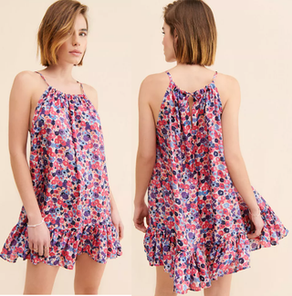 Maia Bergman Sienna Silk Floral Tiered Swing Mini Dress Pink/Blue Women's Size S