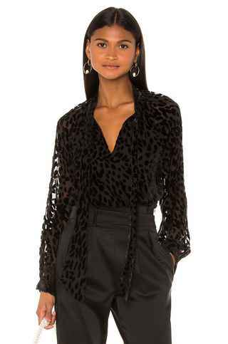 Tanya Taylor x Revolve Velvet Giovanna Silk Tie Neck Blouse Black Women's Size 4