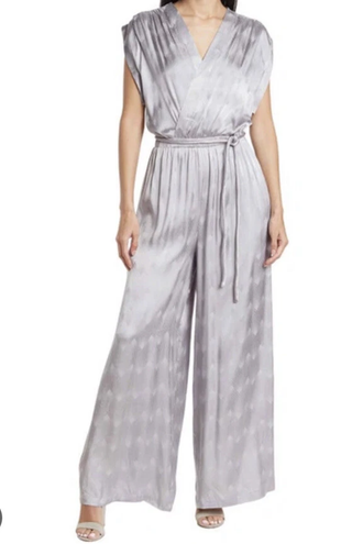 Current Air by Anthropologie Cap Sleeve V-Neck Wide Leg Jumpsuit Shiny Gray M