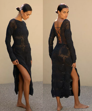 Mahila Long Sleeve Crochet Knit Slit Bohemiam Midi Dress Black Women's Size XS
