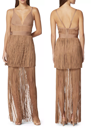Hervé Léger Sleeveless Plunging Fringe Bandage Maxi Gown Light Brown Women Small