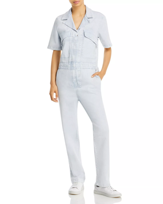 NWT Faherty Blythe Notch Lapel Straight Leg Denim Jumpsuit Light Wash Women's S