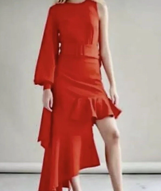 Style Mafia Belted Asymmetrical Ruffle Hi-Low Formal Dress Red Women's Size L