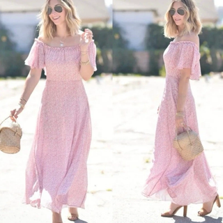 Loveshackfancy Evelyn Off the Shoulder Floral Maxi Sundress Pink Women's Size 6