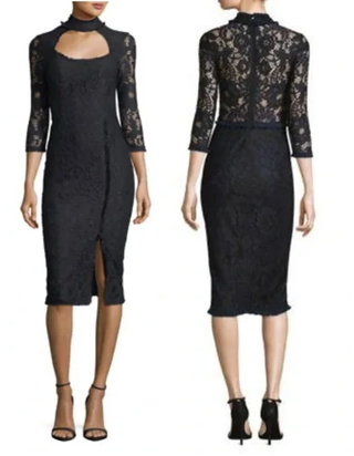 Alexis Fiorenza Guipure Lace Mock Neck Midi Sheath Dress Black/Navy Women's L