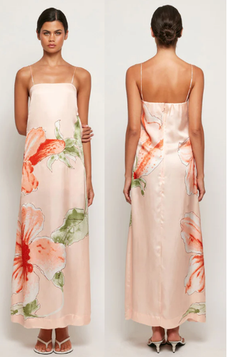 NWT S/W/F Floral Satin Spaghetti Strap Maxi Slip Dress Hibiscus Glow Women Small