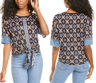 Sandro Lamaar Leaf Print Short Sleeve Round Neck Tie-Front Top Blue Multi Size M