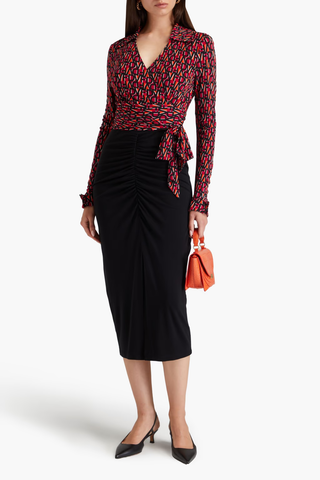 Diane von Furstenberg Callisto Ruched Jersey High Rise Midi Skirt Black Medium