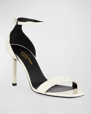 Saint Laurent Amber Patent Ankle-Wrap Stilettos Heel Sandals Cream Women EU 37.5