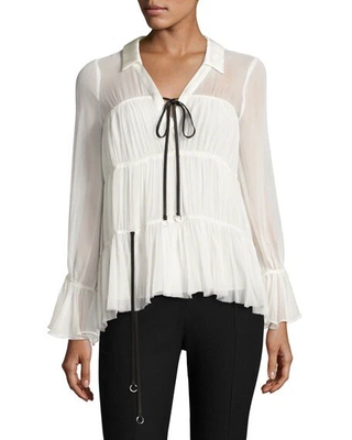 Cinq A Sept Ailee Chiffon Ruffle Long Sleeve Silk Blouse Cream/Black Women Large