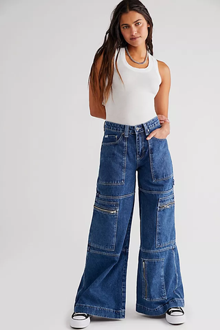We the Free Creep Wide-Leg Denim Utility Combat Cargo Jeans Blue Women's Size 27