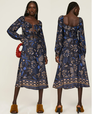 NWT Farm Rio Macaw Forest Crisscross Tie A-Line Midi Dress Cobalt Blue Large