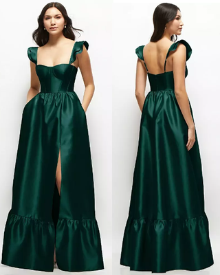 Dessy Collection Satin Ruffle Strap Tiered Hem Corset Maxi Dress Evergreen Small
