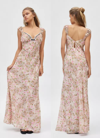 For Love & Lemons Emmaline Floral Lace Trim Maxi Dress Pink Women's Size XS