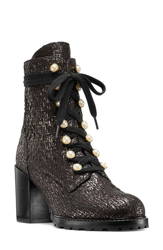 Stuart Weitzman Ivey Tweed High Block Heel Combat Boots Coffee Women's US 8.5