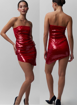 NWT Guizio Embellished Sequins Strapless Ruched Mini Dress Candy Apple Women's XS