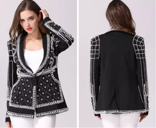 Primetime Pearl Beading Long Sleeve Shawl Lapel Formal Blazer Black Women's Small