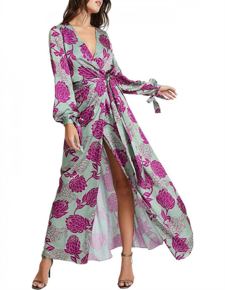 PatBo Cecilia Floral Print Long Sleeve V-Neck Maxi Dress Aqua Women's Size 4