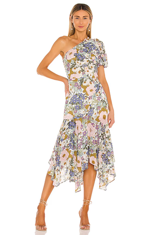 ASTR the Label Santorini Floral One-Shoulder Midi Dress Off White Retro Floral M
