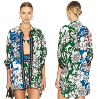 Agua Bendita Chrissy Tropical 3/4 Sleeve Button-Up Cover-Up Shirt Multi Medium