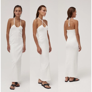 NWT Bazilika Sleeveless Halter Neck Slim Ribbed Maxi Tank Dress White Womens XS
