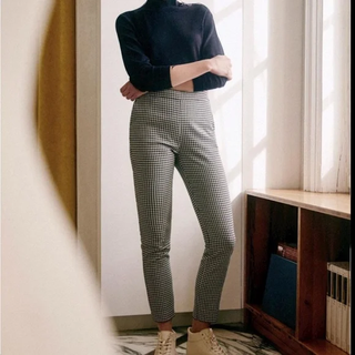 Sezane Clara Tailored Fit Houndstooth Trousers Pants Ecru & Black FR 40 / US 8