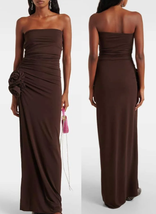 NWT Magda Butrym Floral-Appliqué Strapless Ruched Maxi Dress Brown Women's 10