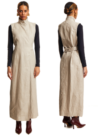 NWT Ganni 100% Linen Sleeveless Mock Neck Wrap-Around Midi Dress Beige 42 / 10