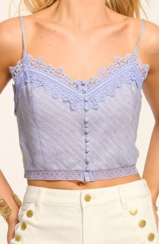 NWT Ramy Brook Ayda Sleeveless Lace Trim Crop Camisole Tank Bazaar Blue Womens S