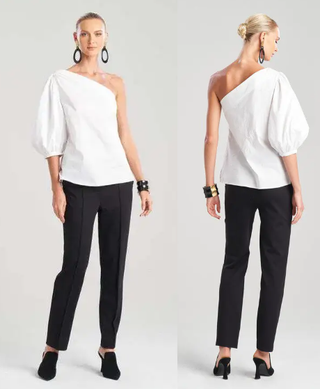 Natori Cotton Poplin Asymmetrical Balloon One Shoulder Blouse White Women's 8