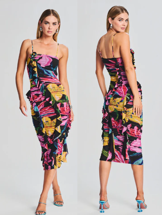 NWT Rococo Sand Chris Floral Ruched Bodycon Midi Dress Black Multi Womens Size S