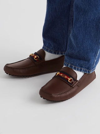 NWOT Gucci Ayrton Webbing-Trim Horsebit Leather Driving Loafers Brown Mens US 12