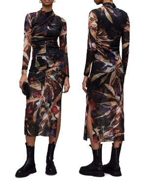 AllSaints Tia Tippi Draped Mock Neck Bodycon Midi Dress Black Women's Size 6 US