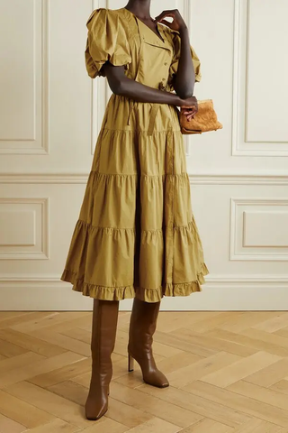 Ulla Johnson Agathe Cotton Poplin Wrap Midi Dress Tobacco Yellow Womens Small