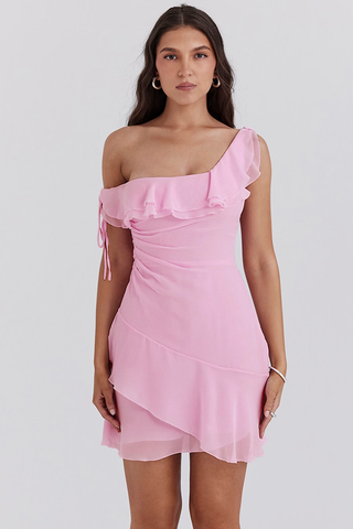 NWT House of CB Kalena Off Shoulder Ruffle Mini Dress Cotton Candy Womens Size M