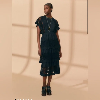 NWT Farm Rio Black Richelieu Ruffle Tiered Midi A-Line Dress Black Women's Large