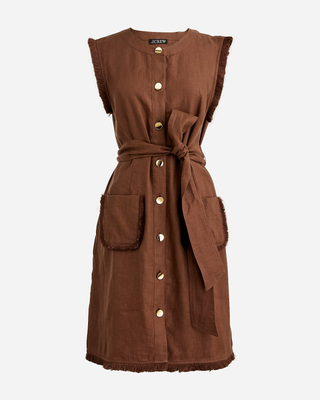 NWT J. Crew Linen Raw-Hem Belted Mini Shirt-Dress Roasted Cocoa Women's Medium