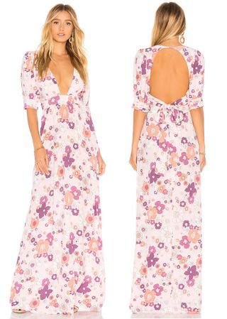 NWT For Love & Lemons Magnolia V-Neck Open Back Maxi Dress Pink Blossom Women XS