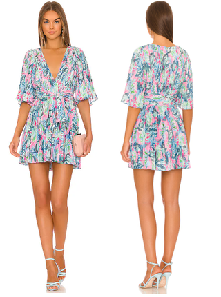 NWOT Saylor Byrd Floral Matte Satin Pleated V-Neck Mini Dress Blue Women's S