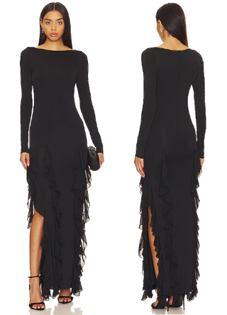NWT NBD Daphne Long Sleeve Ruffle Trim Jersey Maxi Dress Black Women's Medium
