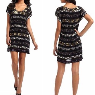 French Connection Embellished Sequin Short Sleeve Mini Shift Dress Black Women 0