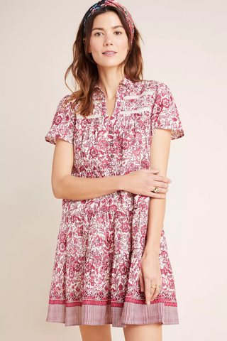 By Anthropologie Floral Eyelet Ruffle Trim Mini Shirtdress Cream/Pink Women's S