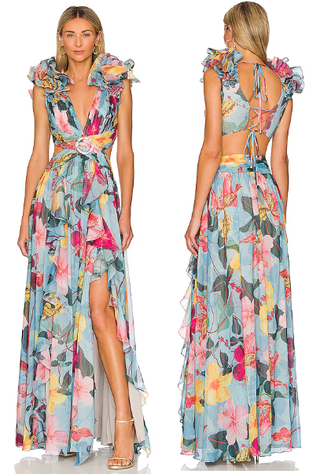 PatBO Hibiscus Floral Flutter Sleeve Ruffle Maxi Dress Celeste Women's Size 0
