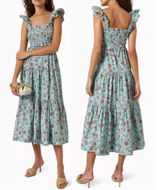 Sea New York Brita Cotton Floral Ruffle Trim Smocked Midi Sundress Blue Large