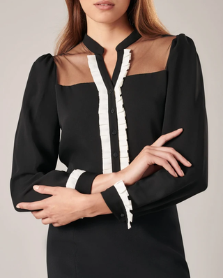 Anne Fontaine Laley Button-Up Tunic Shirt with Sheer Yoke Black/White Women 40/8