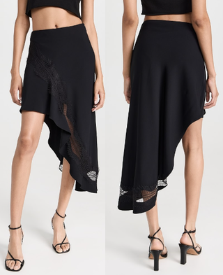 A.L.C. Dixie Asymmetrical Midi Skirt w/ Chantilly Lace Trim Black Women's Size 6