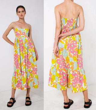 S/W/F Floral Print Cotton Sleeveless Smocked Midi Sundress En-Flowered Womens S