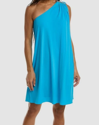 Halston Viviana Ruched Asymmetrical One-Shoulder Mini Dress Aqua Women's Size 10